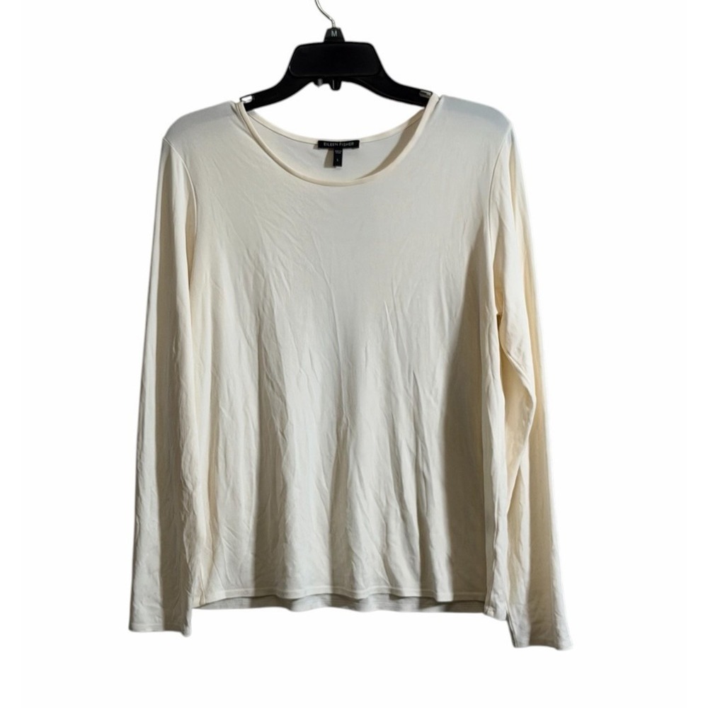 Eileen Fisher Large 100% Silk Blouse Solid Cream/Ivory Long Sleeve